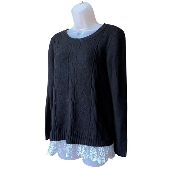 ABStudio Black Cableknit Crewneck Sweater Lace Trim Sz S Whimsigoth Twee - Picture 3 of 12